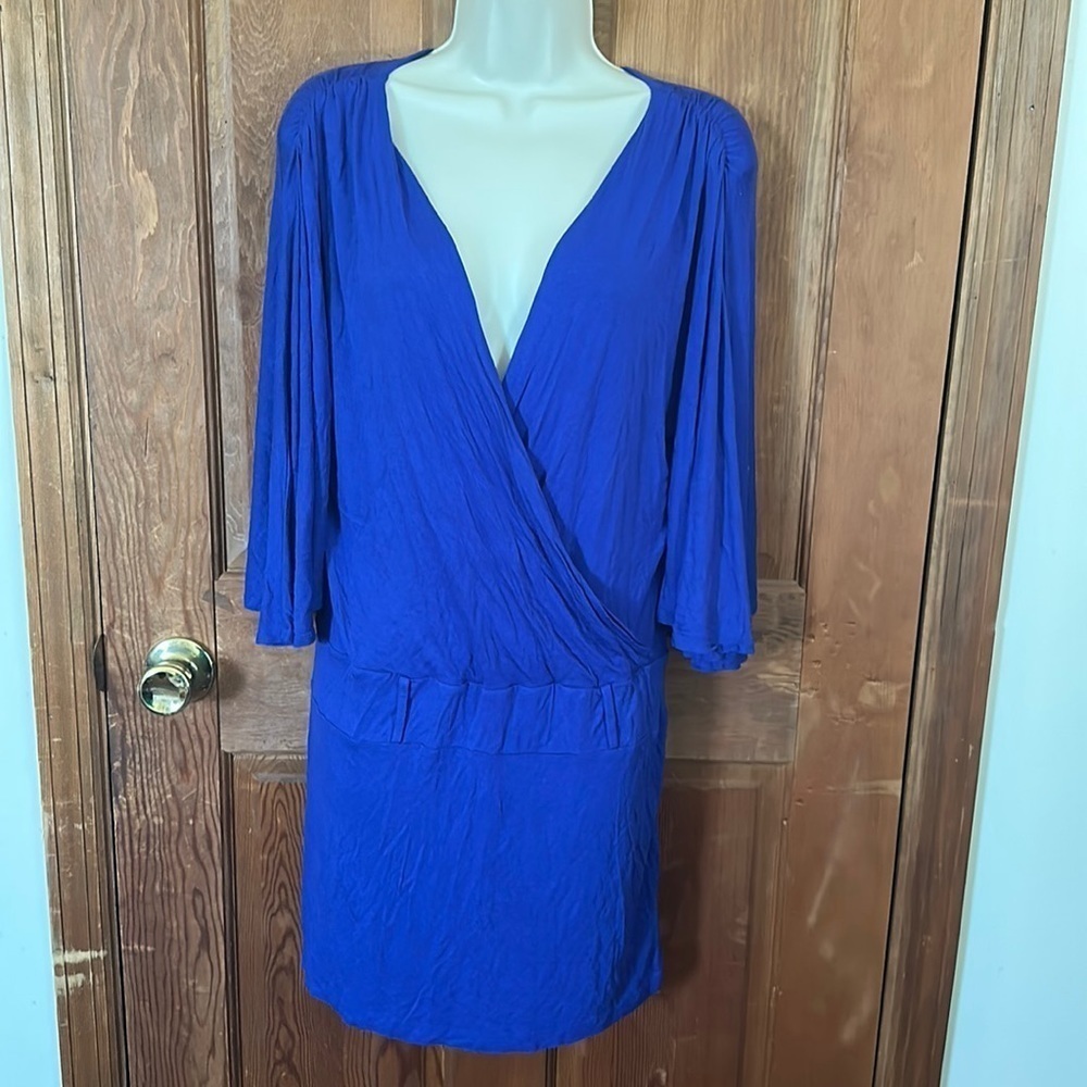 Grass Collection Blue Low Cut Batwing Sleeve Mini Dress Size Large